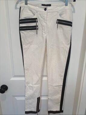 Eva&Claudi Slim White Skinny Pants with Black Side Stripes & Zip Pockets